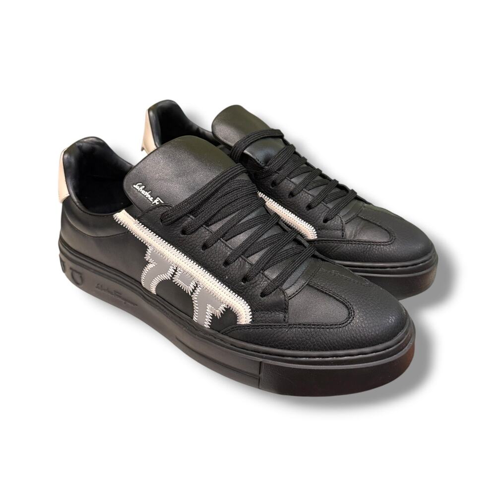 Ferragamo Gancini-Print Detail Leather Sneakers ‘Black’ | Size 8.5UK(9.5US)
